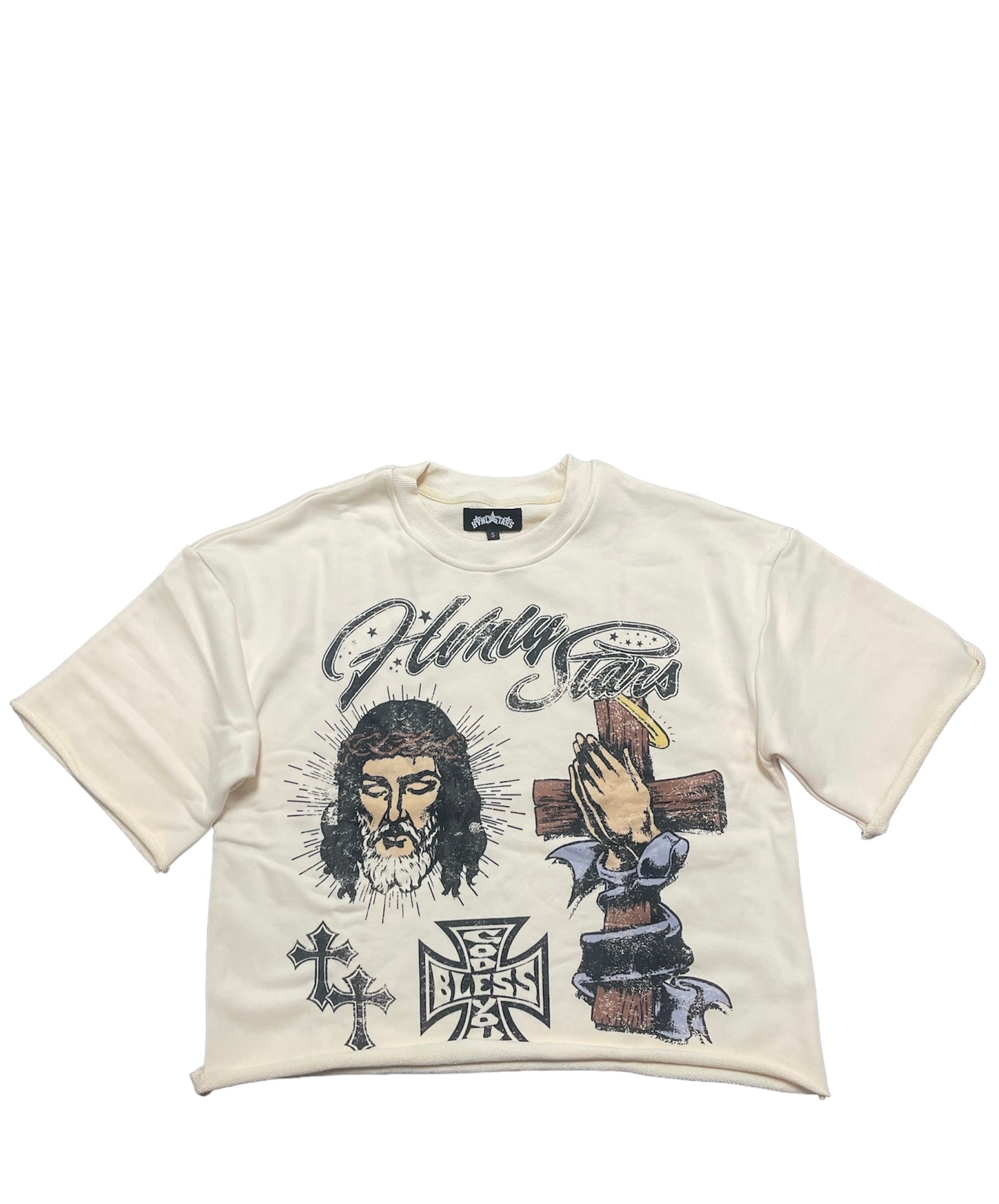 Creme God Bless Cropped Tee - Hvnlystars.com